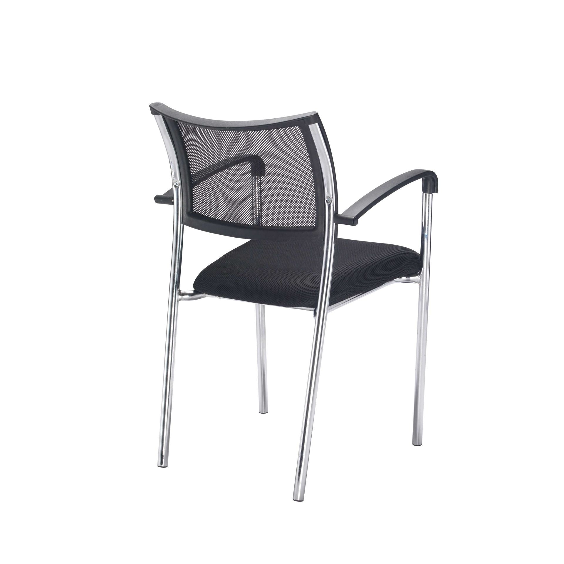 Black office chair with mesh back and chrome frame on a white background