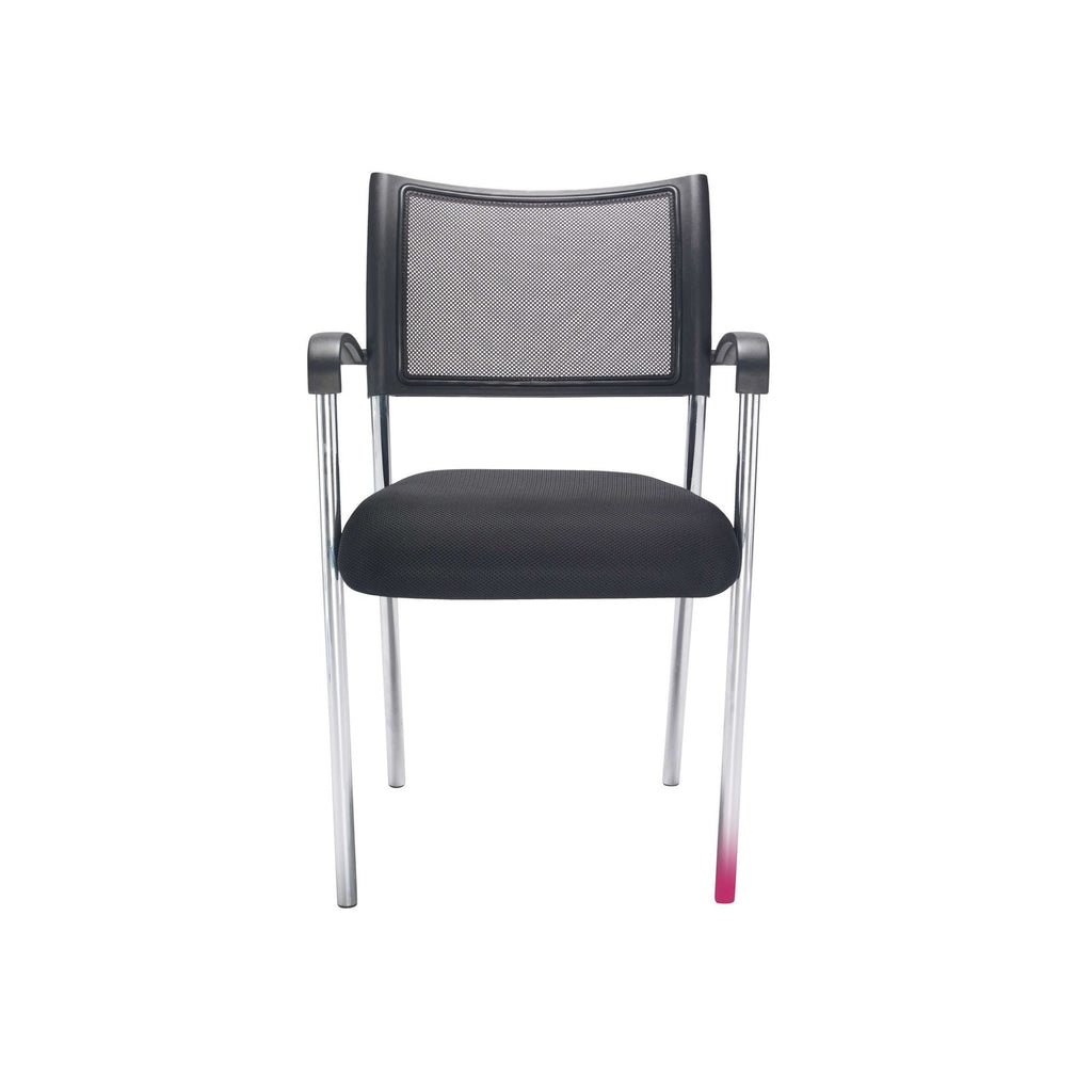 Black office chair with mesh back and chrome frame on a white background