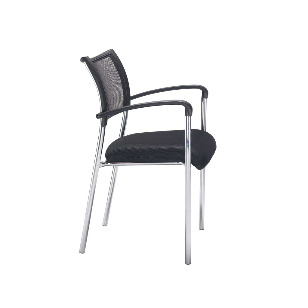 Black office chair with mesh back and chrome frame on a white background