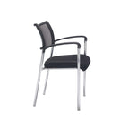 Black office chair with mesh back and chrome frame on a white background