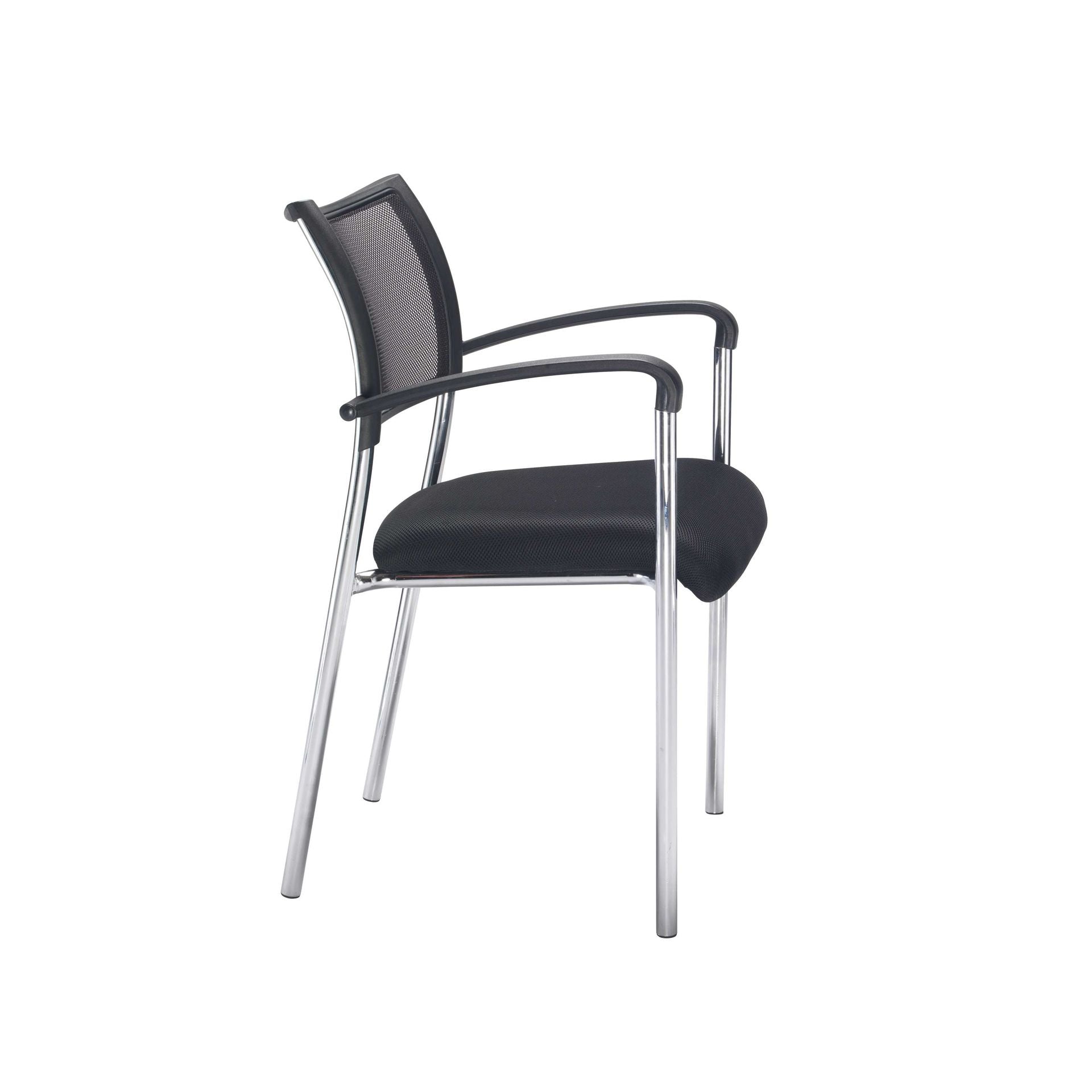 Black office chair with mesh back and chrome frame on a white background