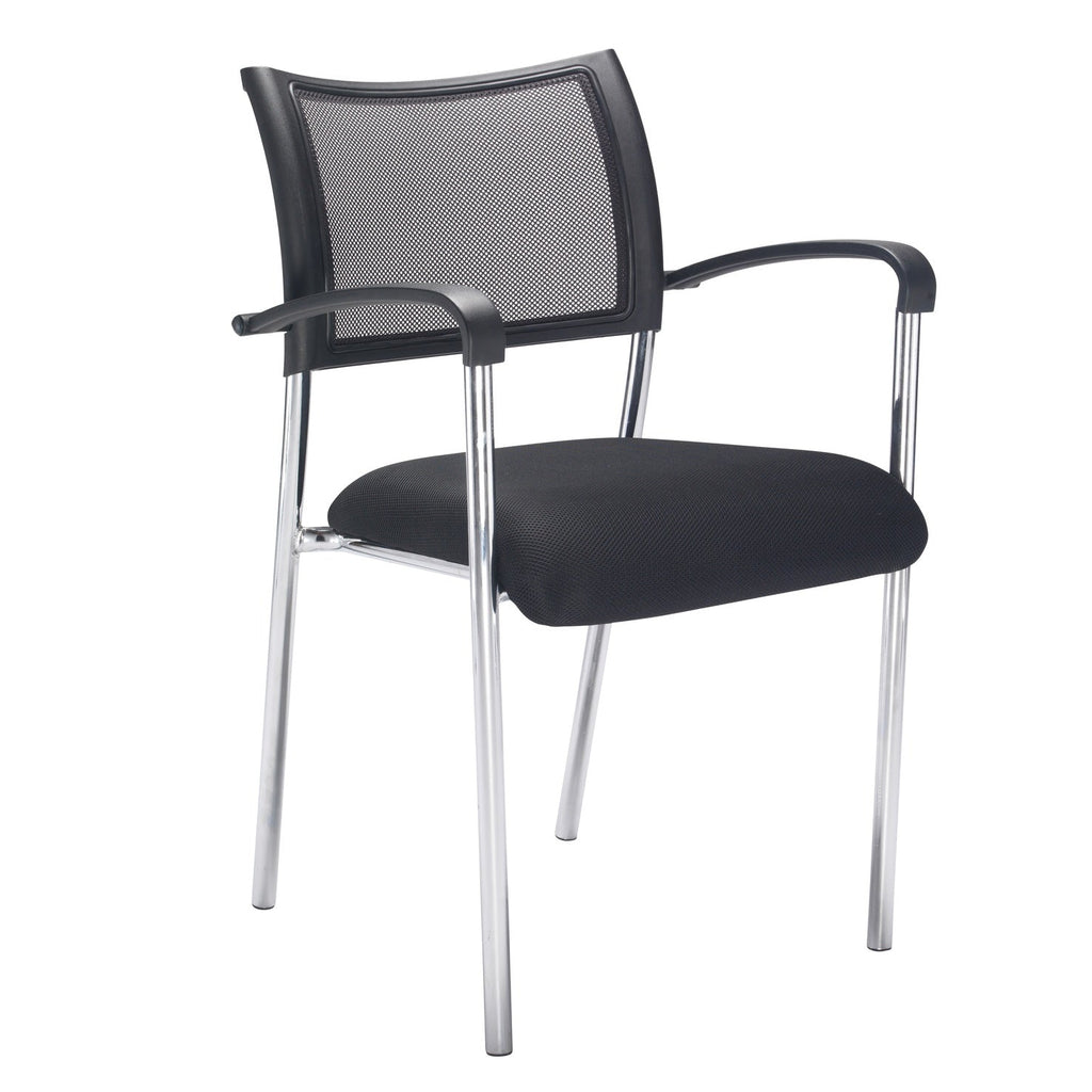 Black office chair with mesh back and chrome frame on a white background