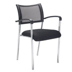 Black office chair with mesh back and chrome frame on a white background