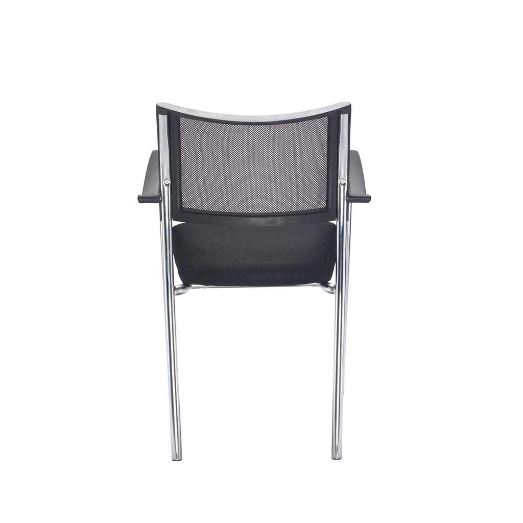 Black office chair with mesh back and chrome frame on a white background