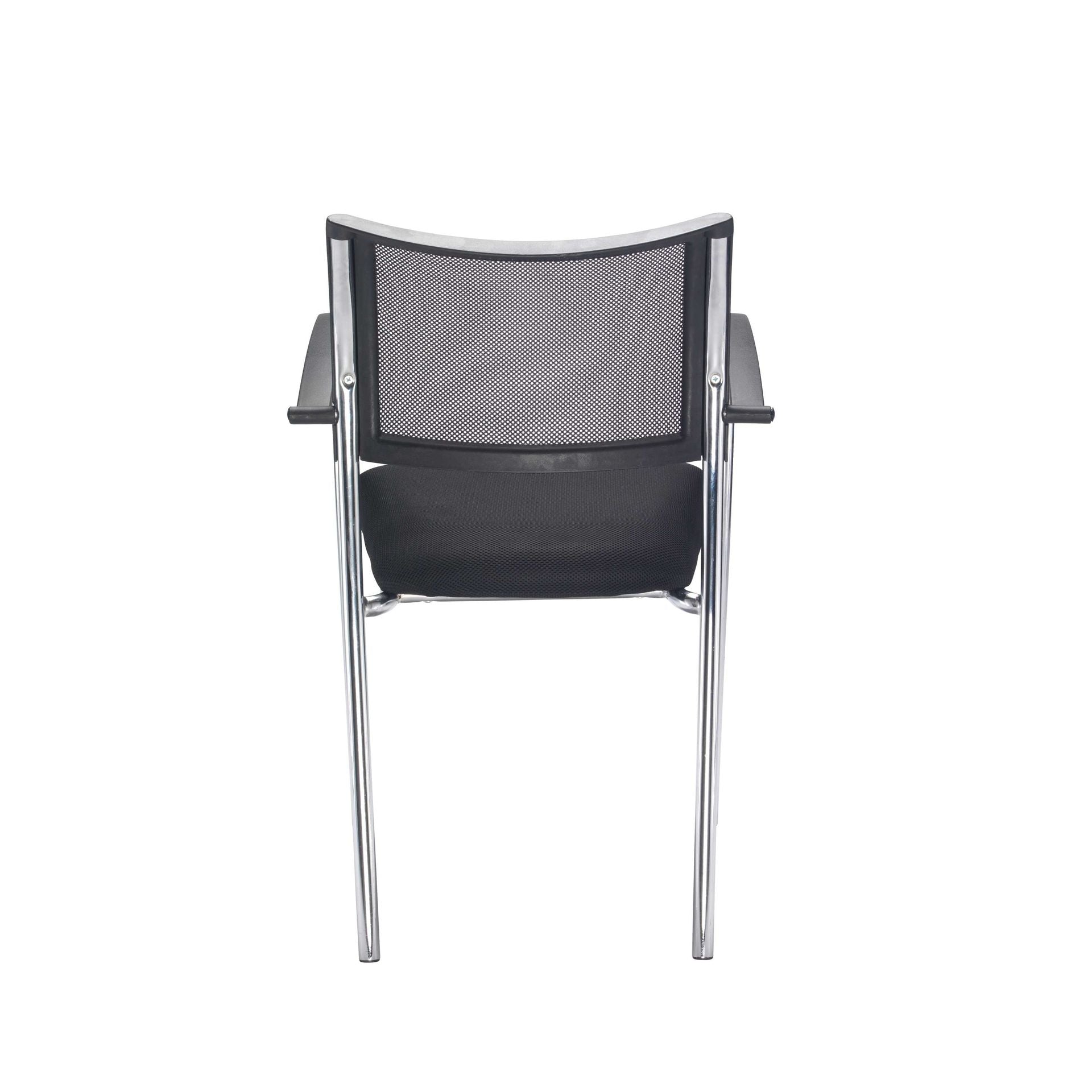 Black office chair with mesh back and chrome frame on a white background