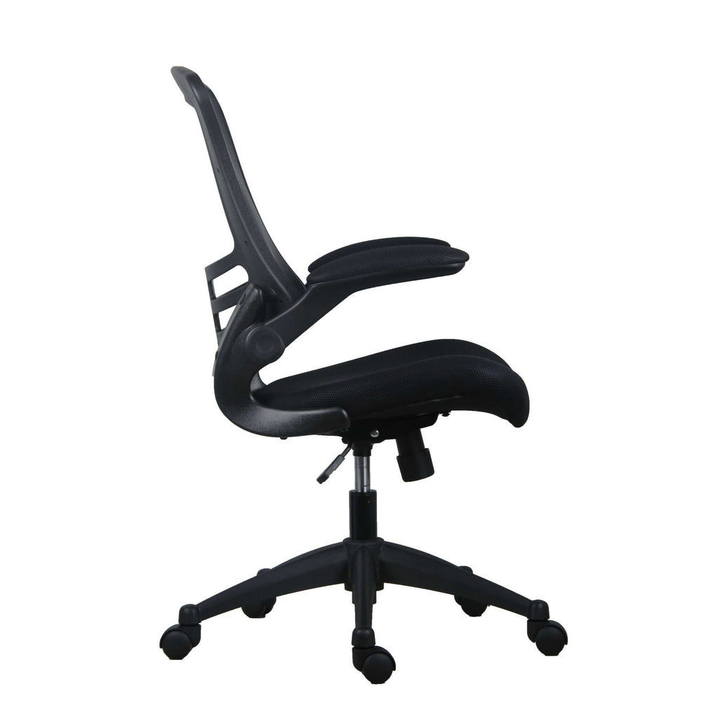 Black office chair with mesh back on a white background