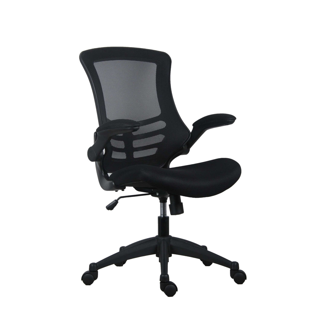 Black office chair with mesh back on a white background