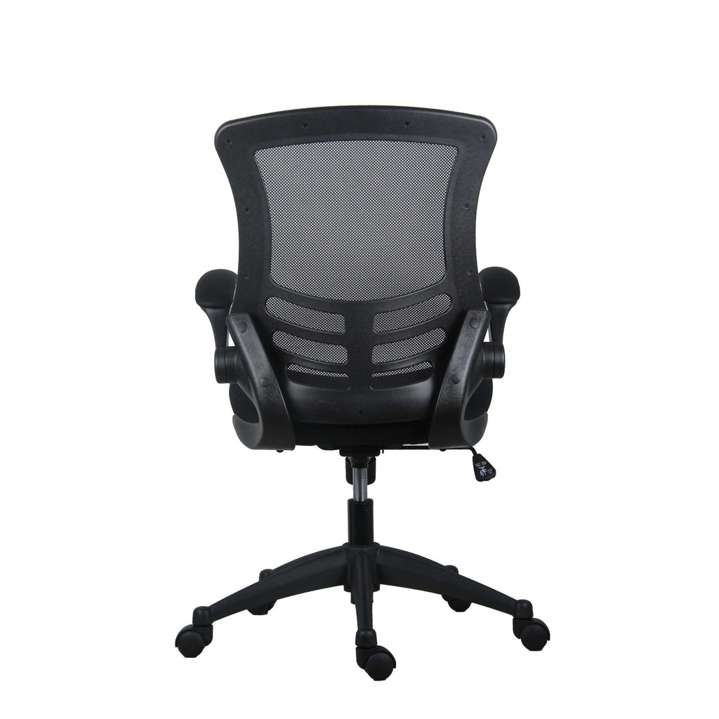 Black office chair with mesh back on a white background