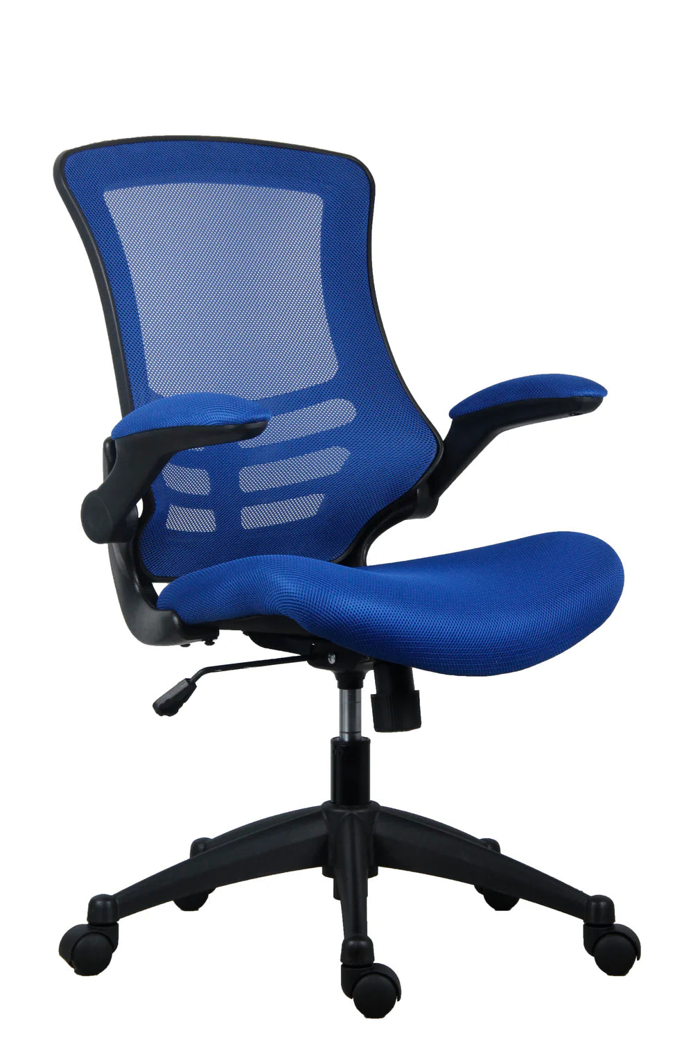 Blue office chair with mesh backrest on a white background
