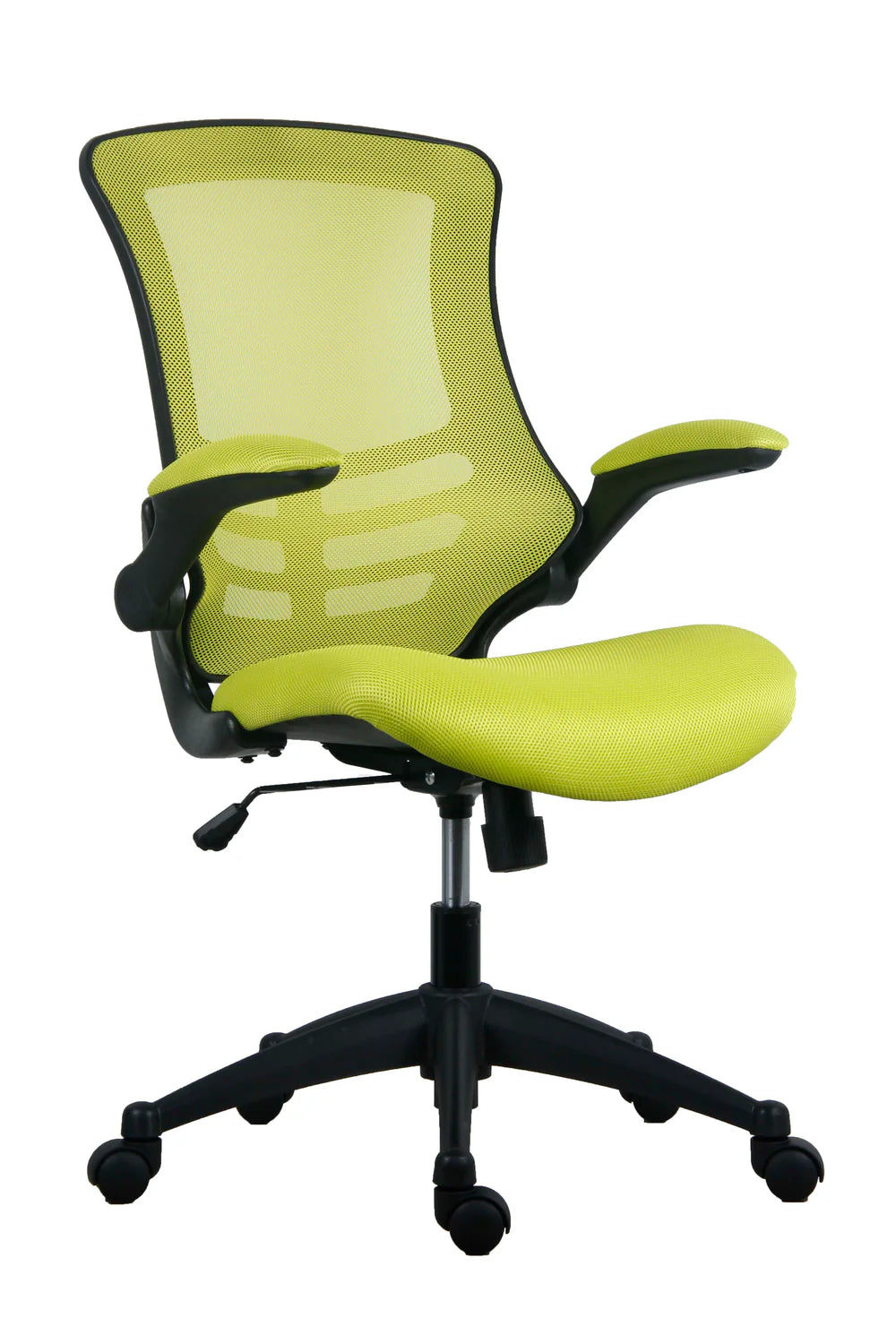 Green office chair with mesh back and black base on a white background