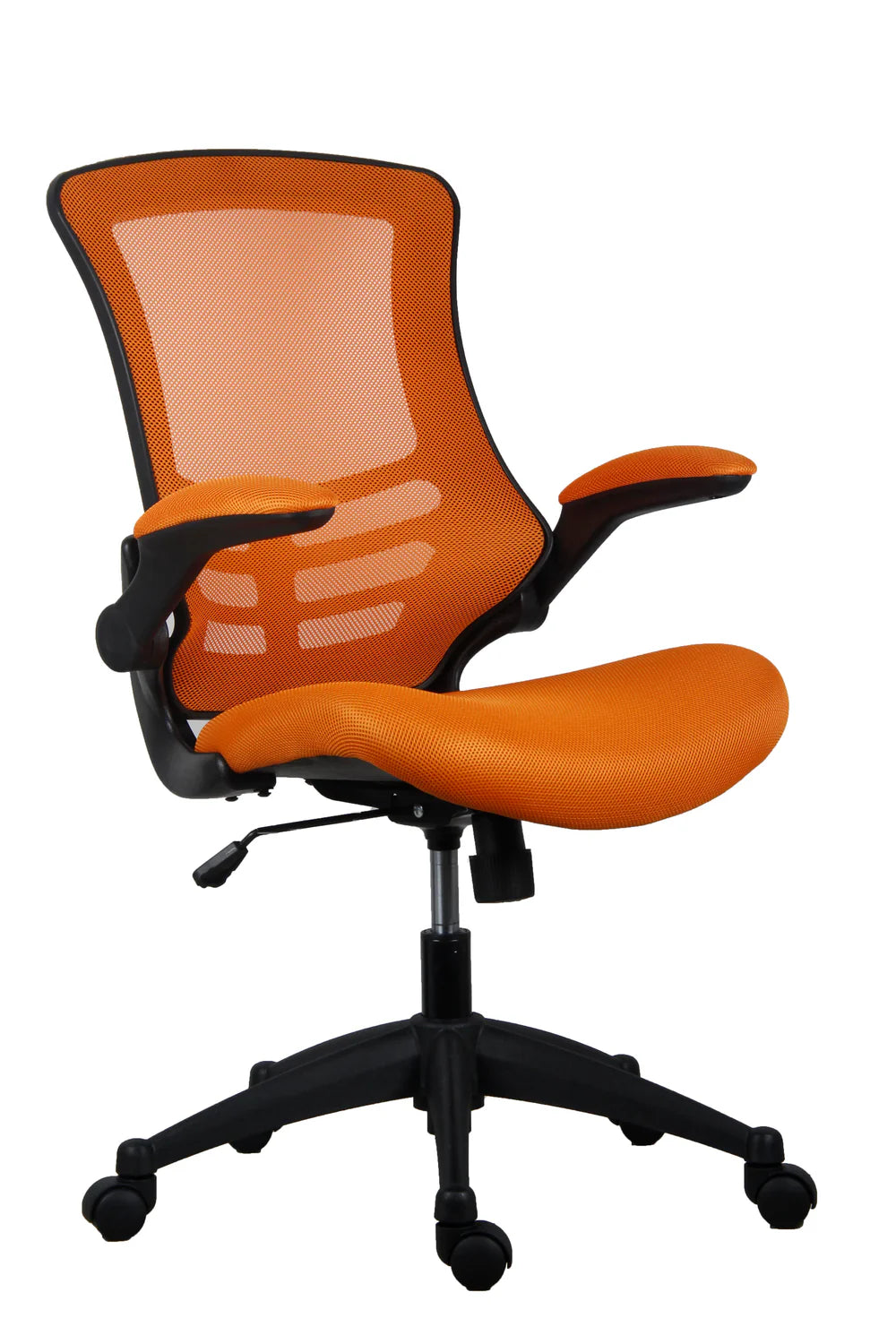 Orange office chair with mesh backrest on a white background