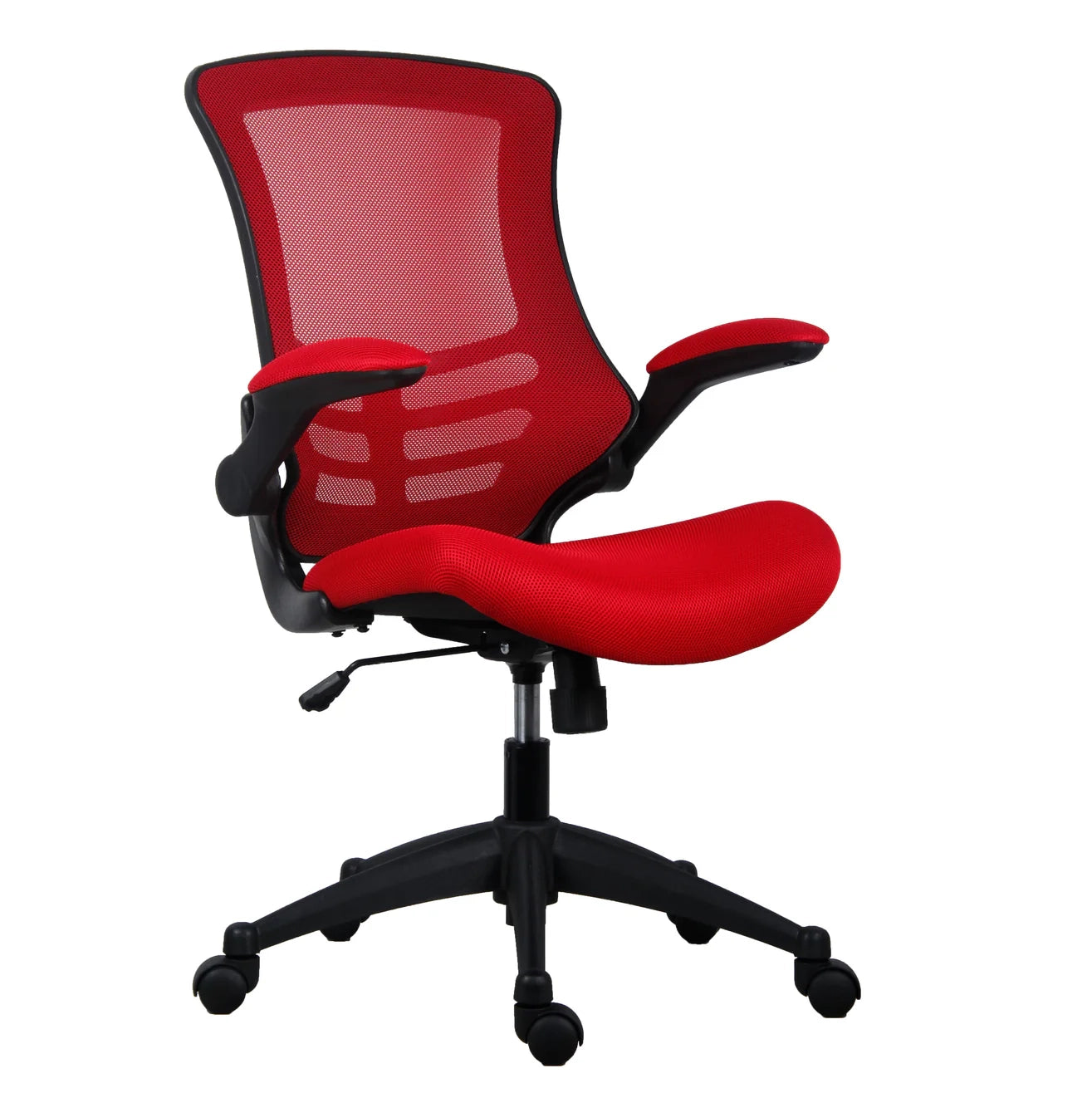 Red office chair with mesh backrest on a white background