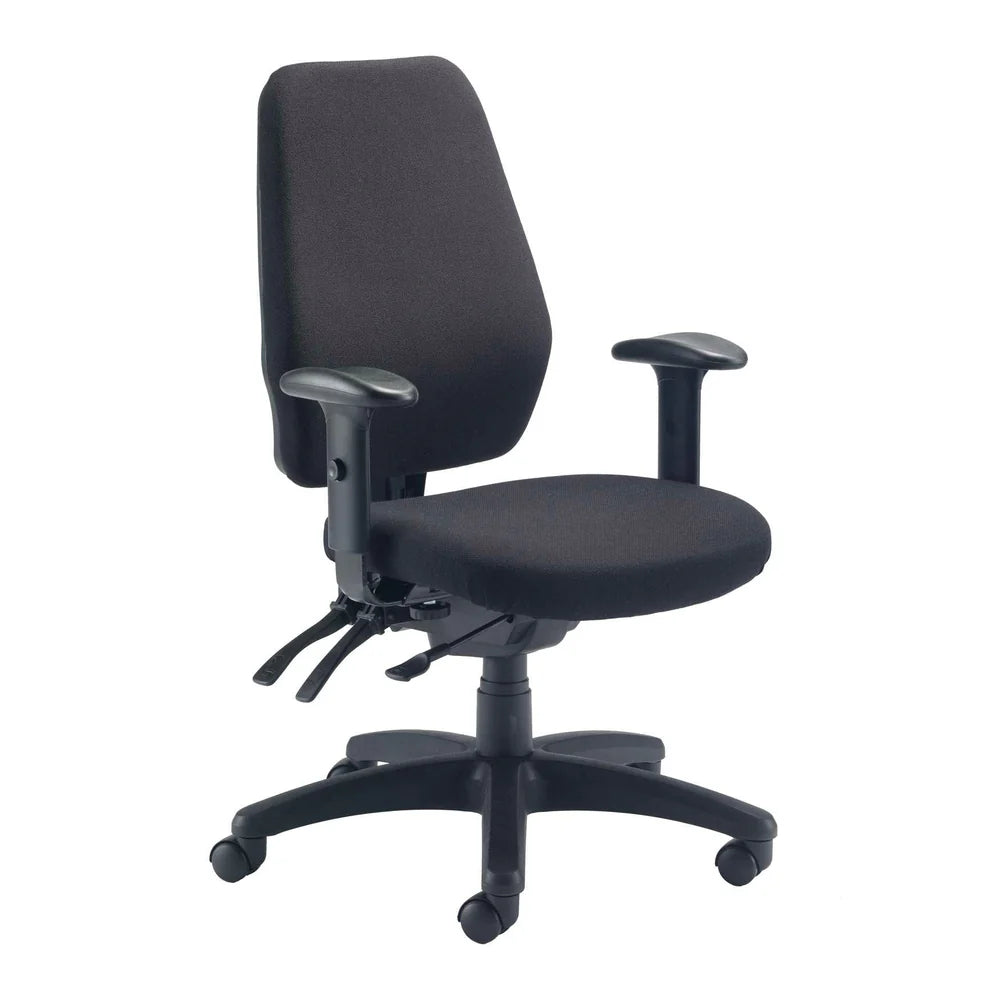 Black office chair with armrests on a white background