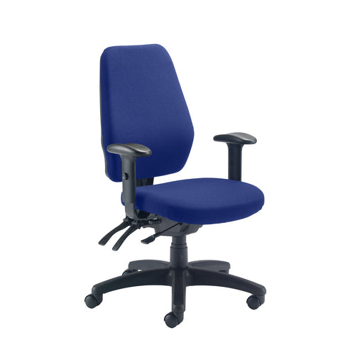 Blue office chair with black base and armrests on a white background
