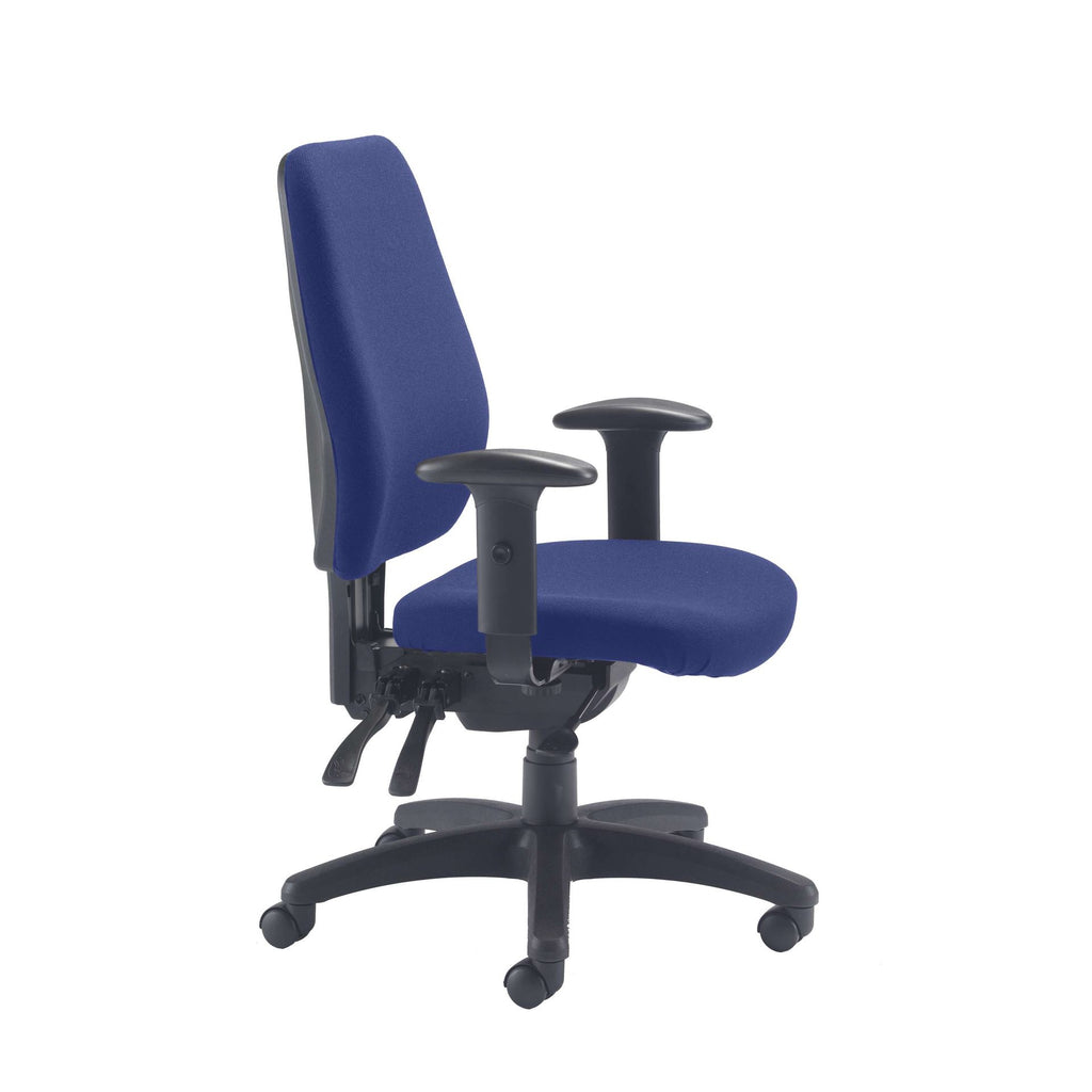 Blue office chair with black base and armrests on a white background