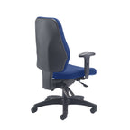 Blue office chair with black base and armrests on a white background