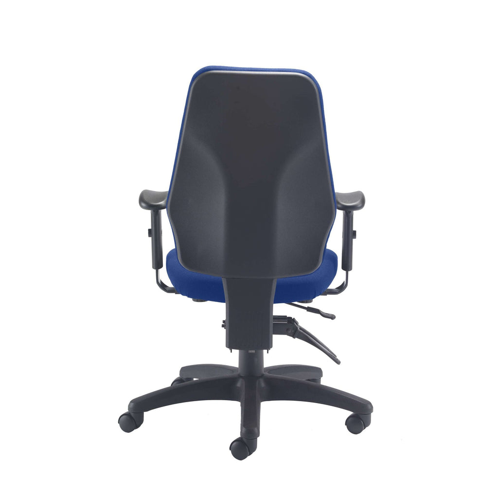 Blue office chair with black base and armrests on a white background