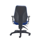 Blue office chair with black base and armrests on a white background