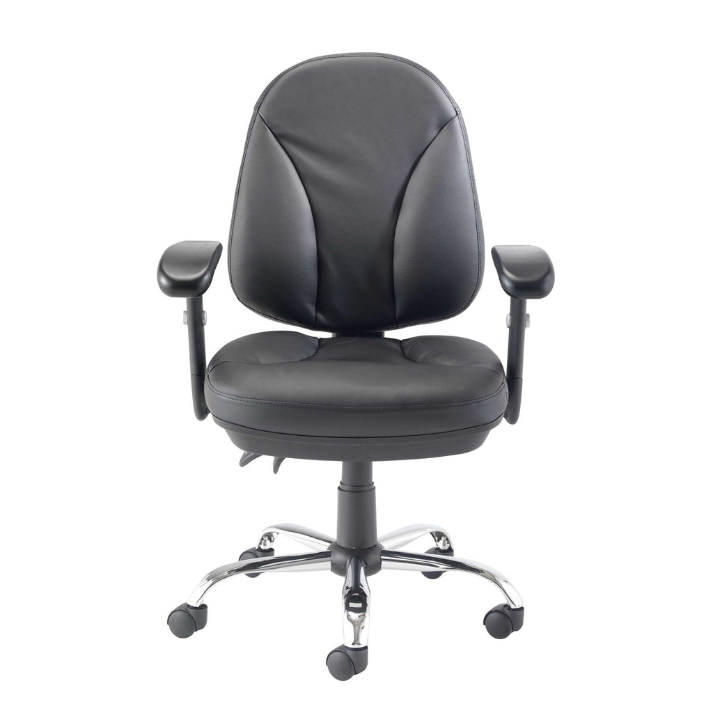 Black office chair with adjustable arms on a white background