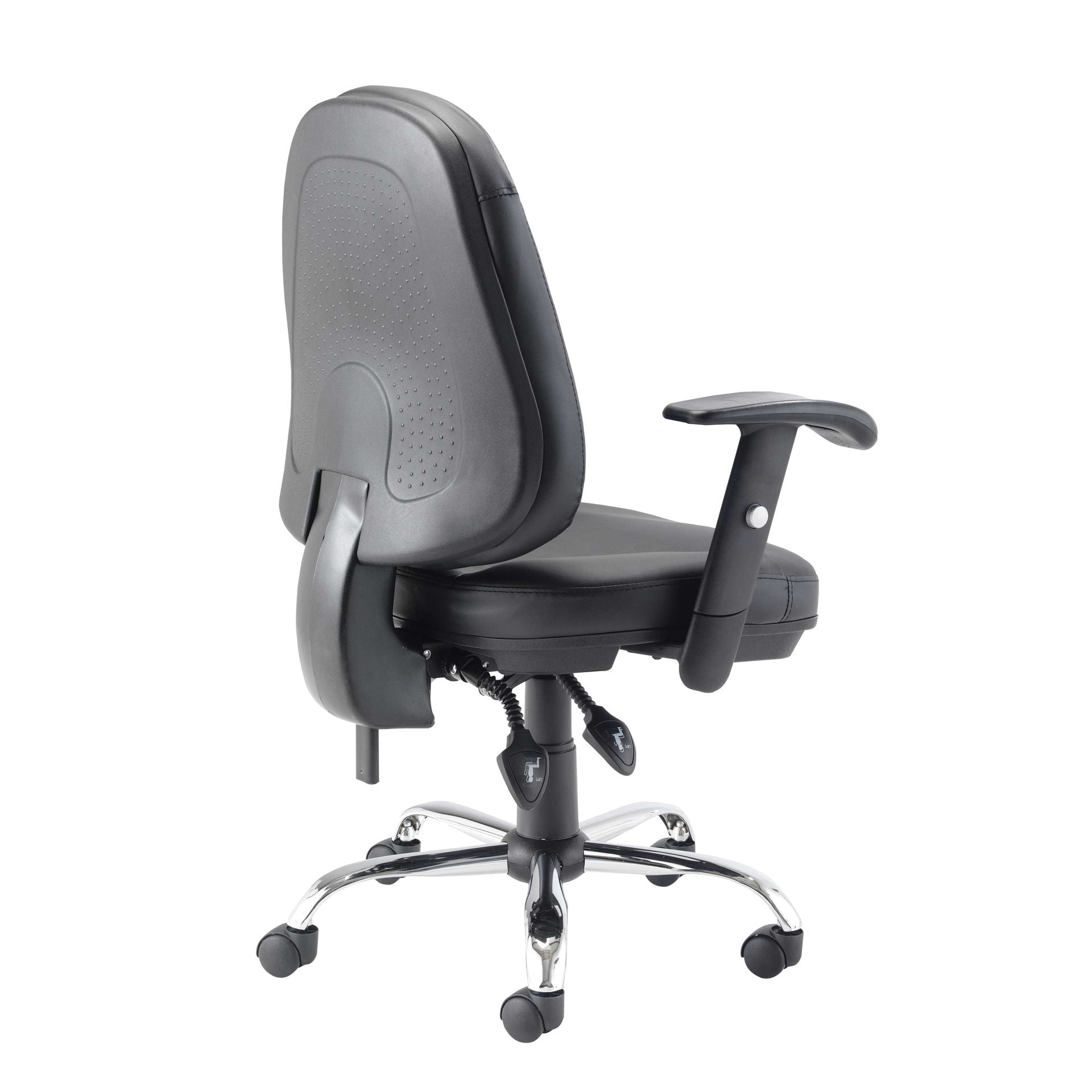 Black office chair with adjustable arms on a white background