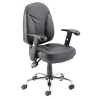 Black office chair with adjustable arms on a white background