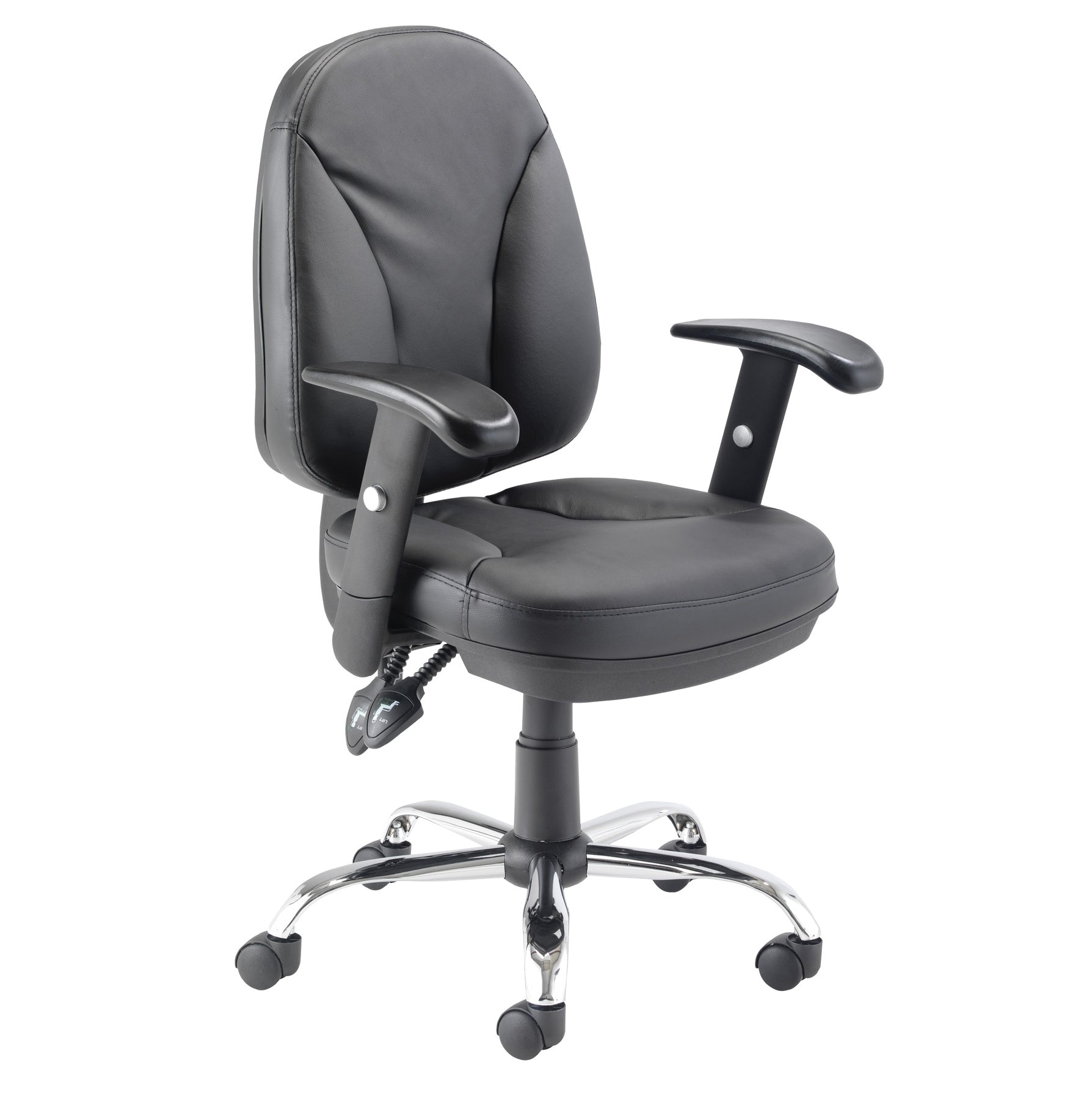 Black office chair with adjustable arms on a white background