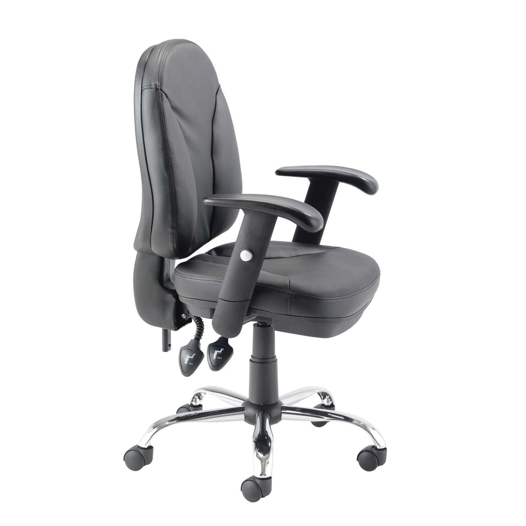 Black office chair with adjustable arms on a white background