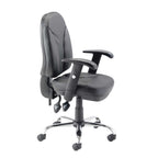 Black office chair with adjustable arms on a white background