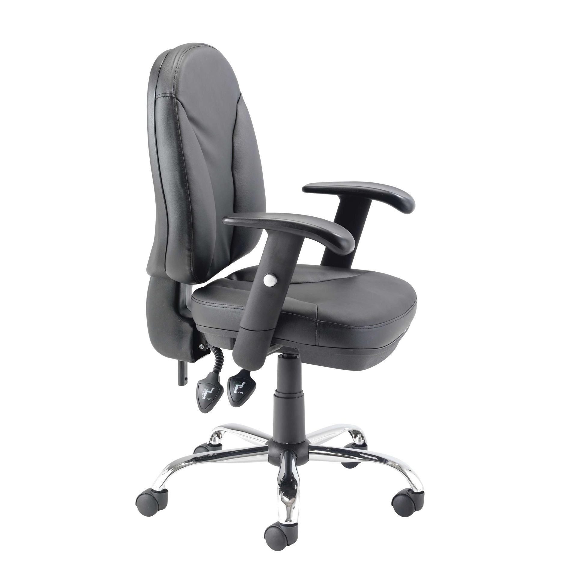 Black office chair with adjustable arms on a white background