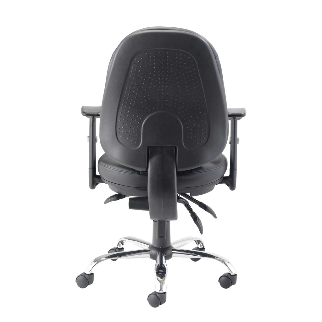 Black office chair with adjustable arms on a white background