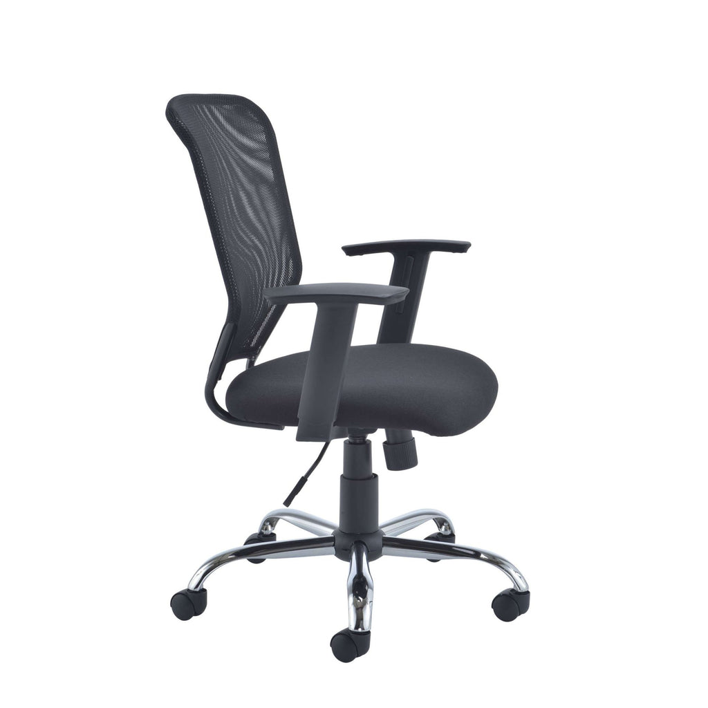 Black office chair with mesh back and chrome base on a white background