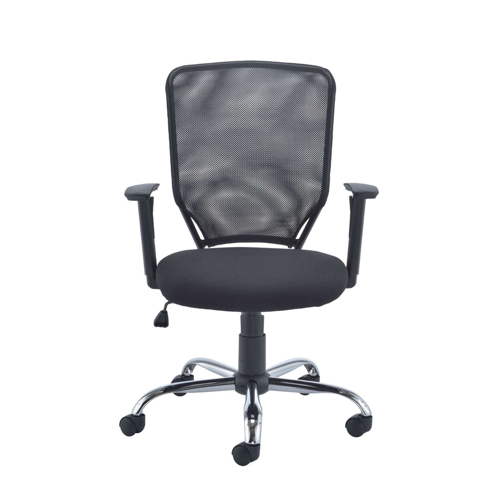 Black office chair with mesh back and chrome base on a white background