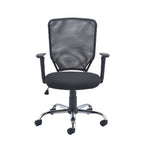 Black office chair with mesh back and chrome base on a white background