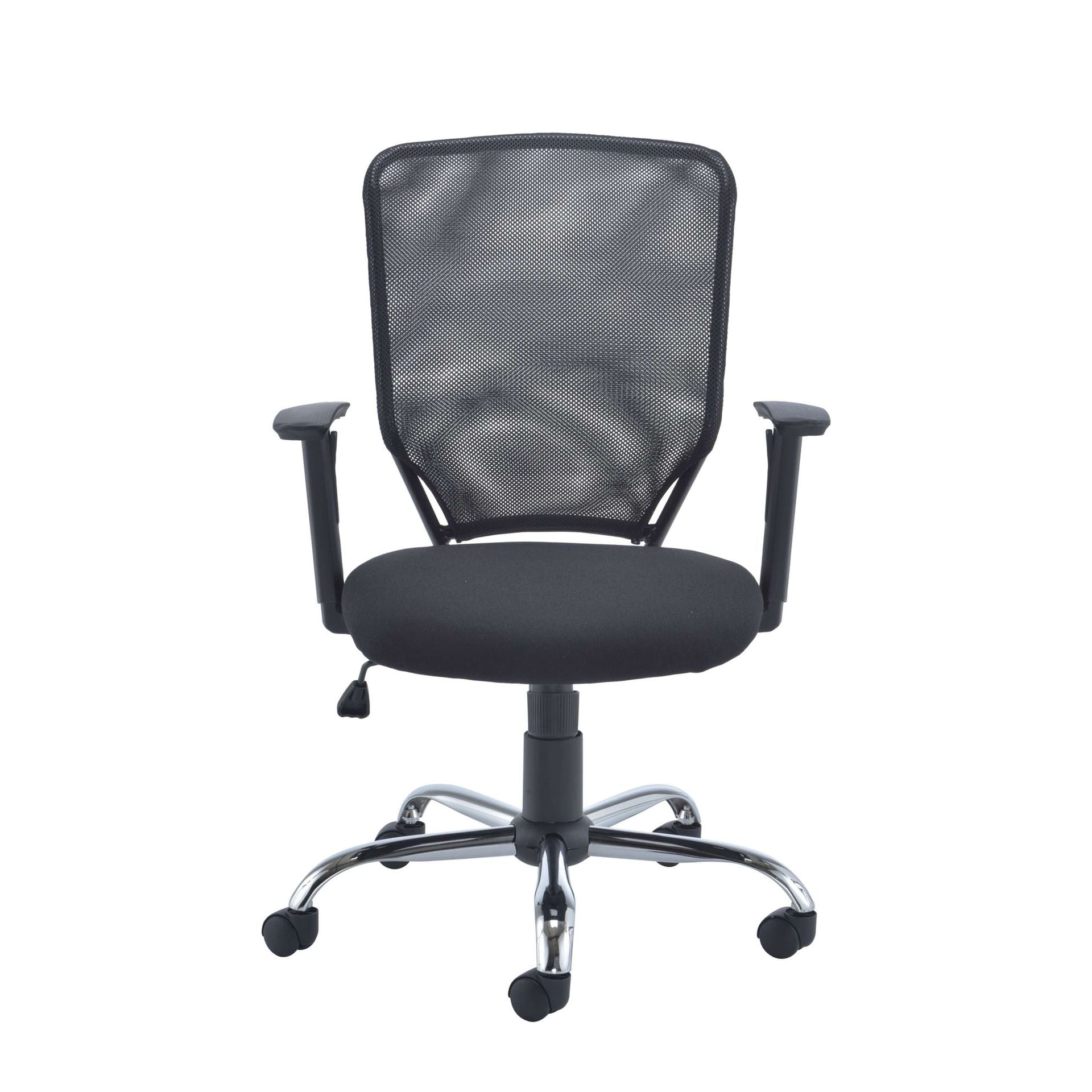 Black office chair with mesh back and chrome base on a white background