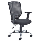 Black office chair with mesh back and chrome base on a white background