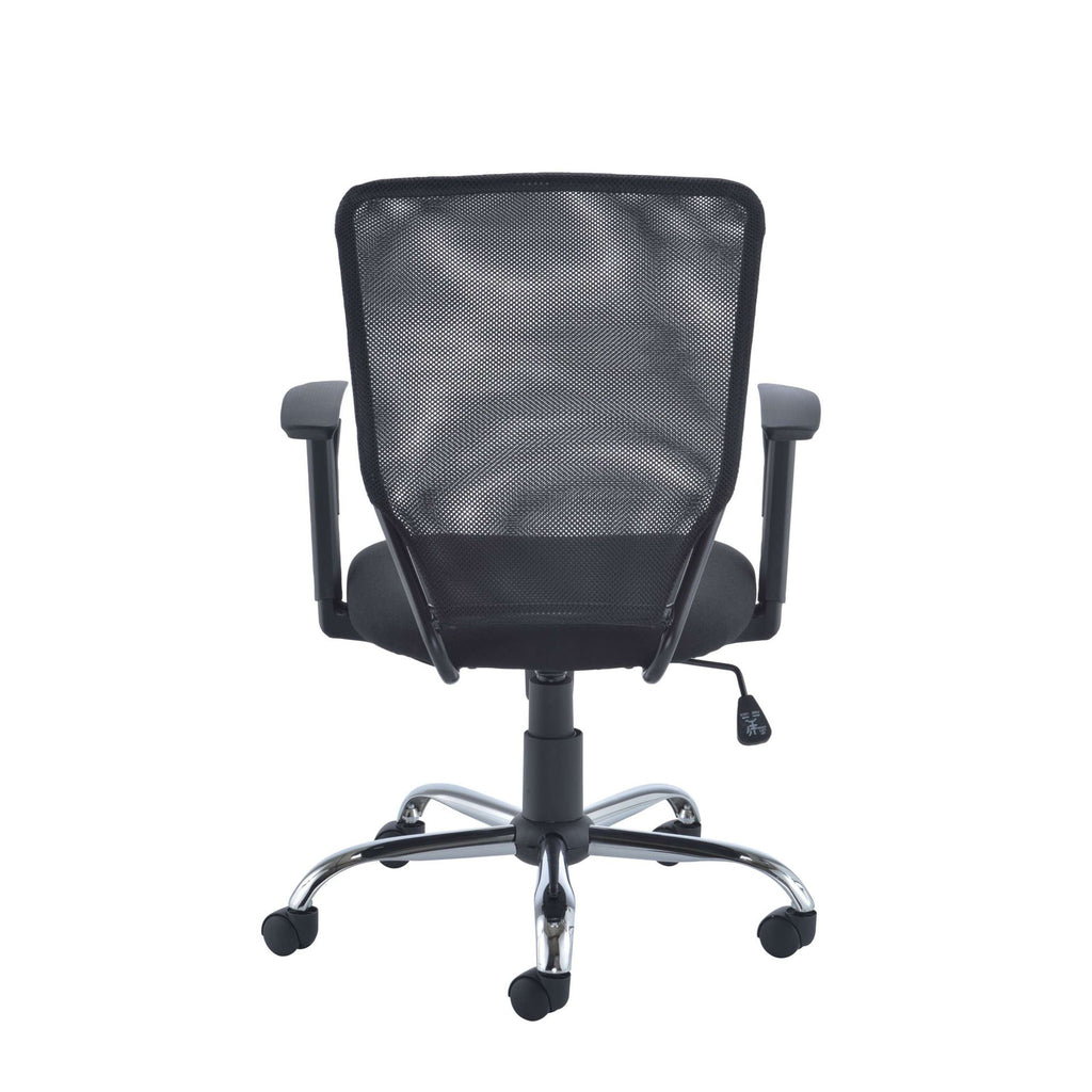 Black office chair with mesh back and chrome base on a white background