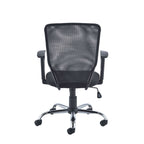 Black office chair with mesh back and chrome base on a white background
