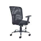 Black office chair with mesh back and chrome base on a white background