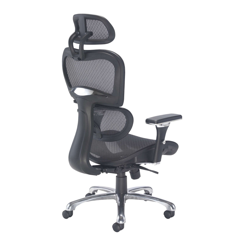 Black ergonomic office chair with mesh back and adjustable arms on a white background