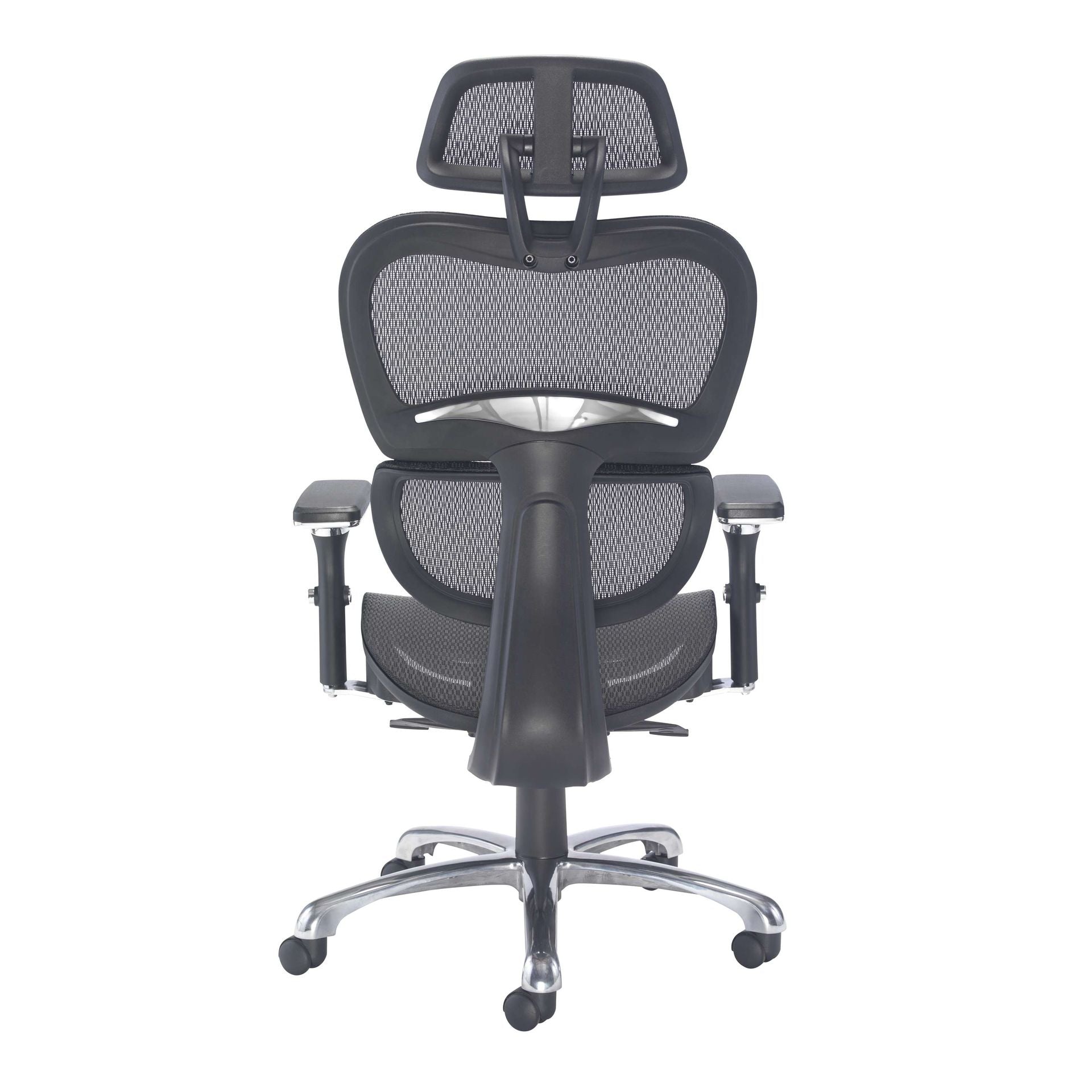 Black ergonomic office chair with mesh back and adjustable arms on a white background