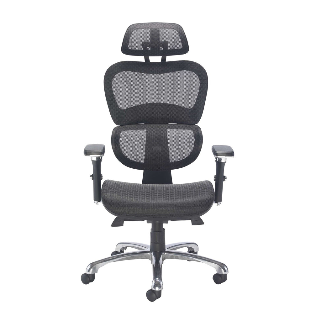 Black ergonomic office chair with mesh back and adjustable arms on a white background