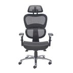 Black ergonomic office chair with mesh back and adjustable arms on a white background