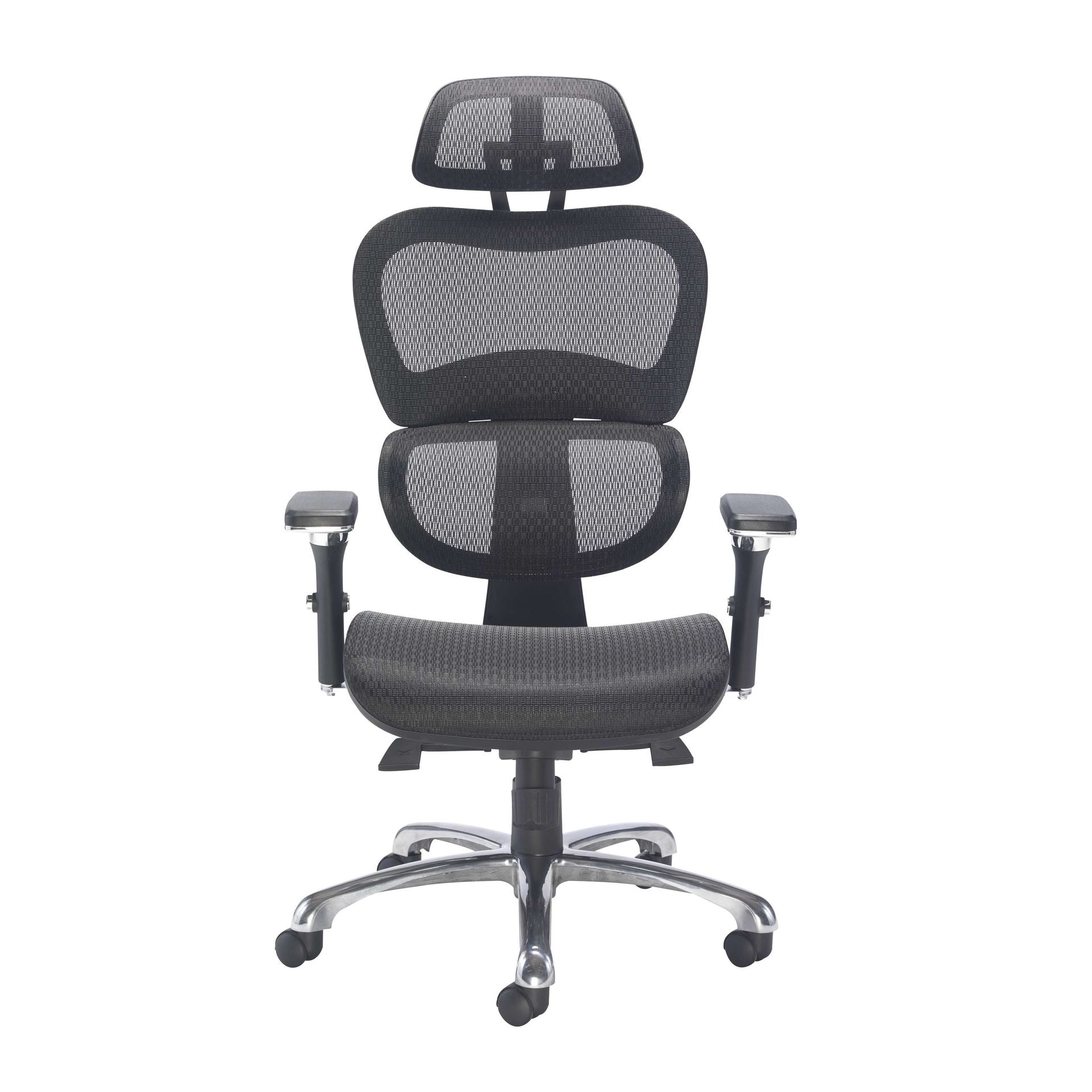 Black ergonomic office chair with mesh back and adjustable arms on a white background