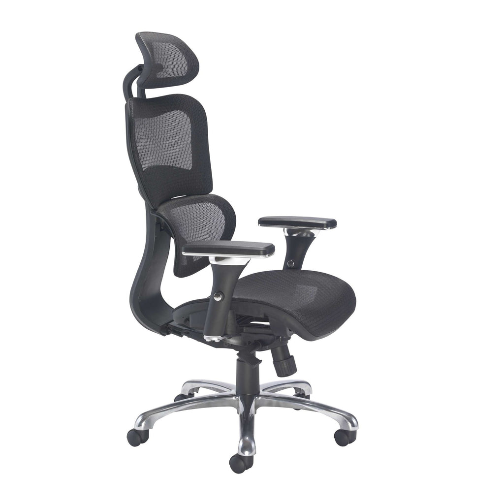 Black ergonomic office chair with mesh back and adjustable arms on a white background