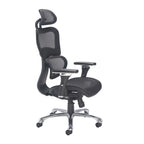 Black ergonomic office chair with mesh back and adjustable arms on a white background