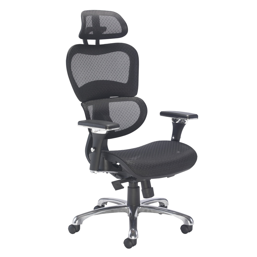 Black ergonomic office chair with mesh back and adjustable arms on a white background