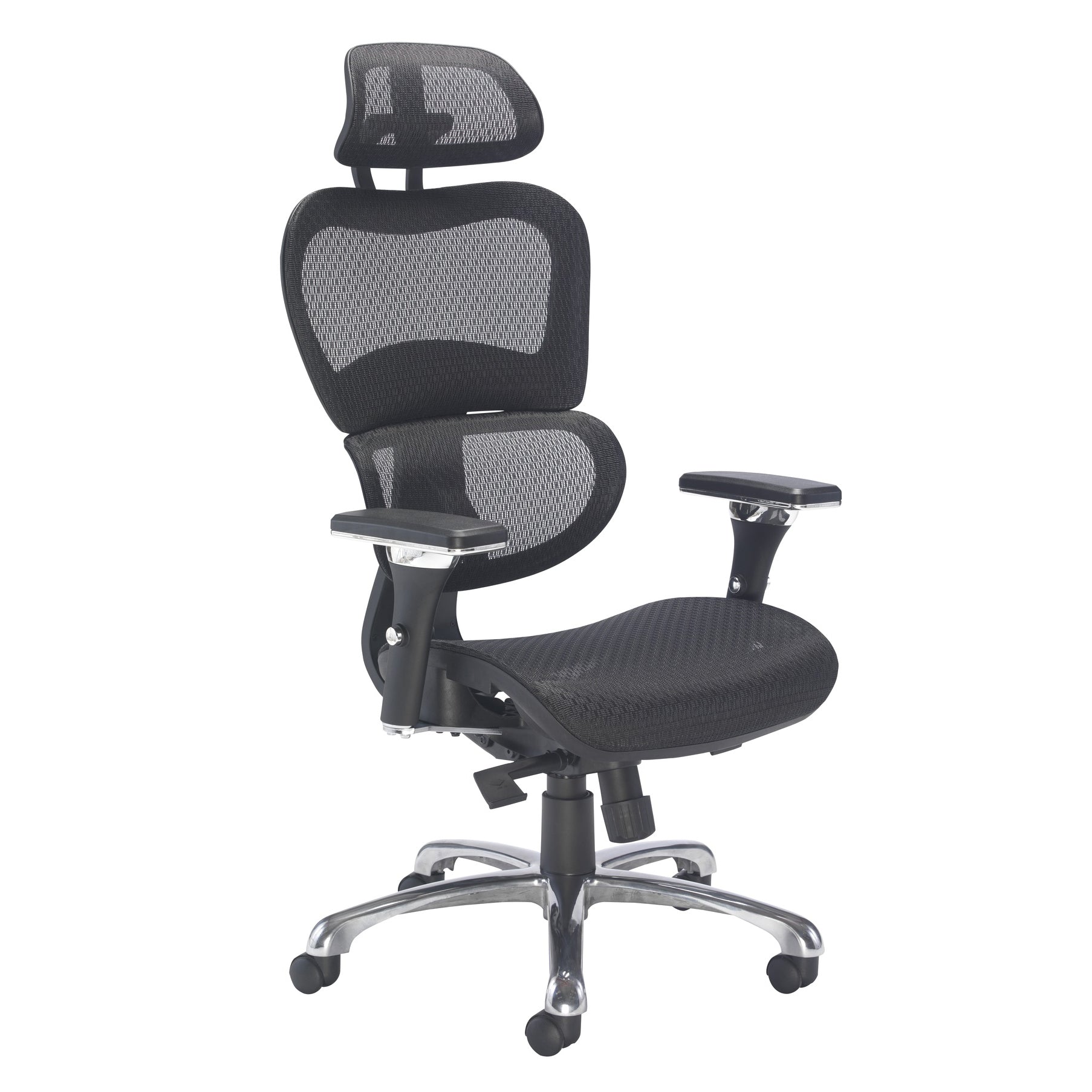 Black ergonomic office chair with mesh back and adjustable arms on a white background