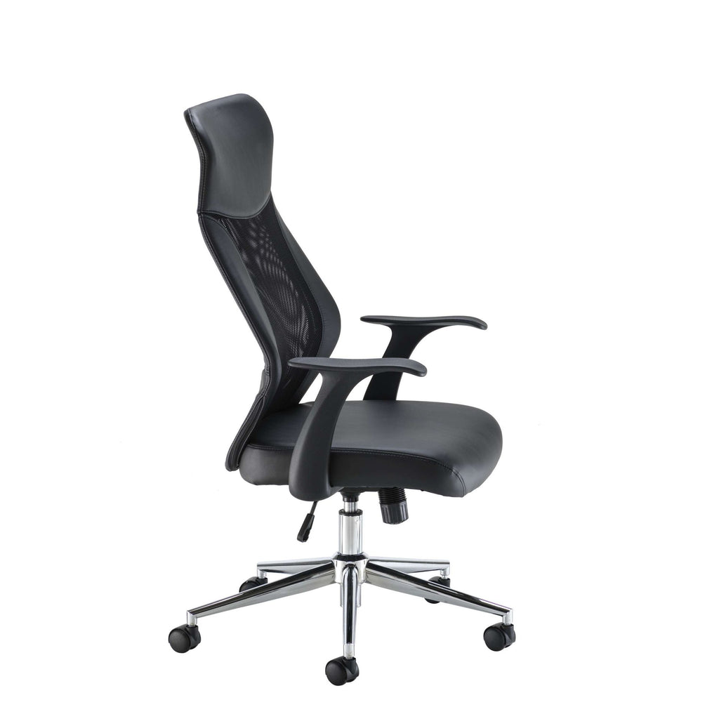 Black office chair with mesh back and chrome base on a white background