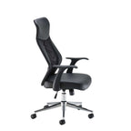 Black office chair with mesh back and chrome base on a white background
