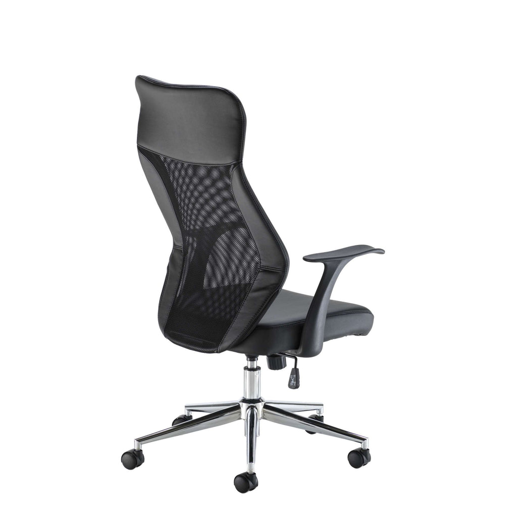 Black office chair with mesh back and chrome base on a white background